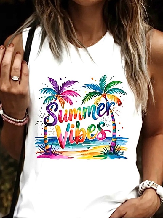 Tops - NWOT MEDIUM   Summer Vibes Rainbow Palm Graphic Tank Top - White